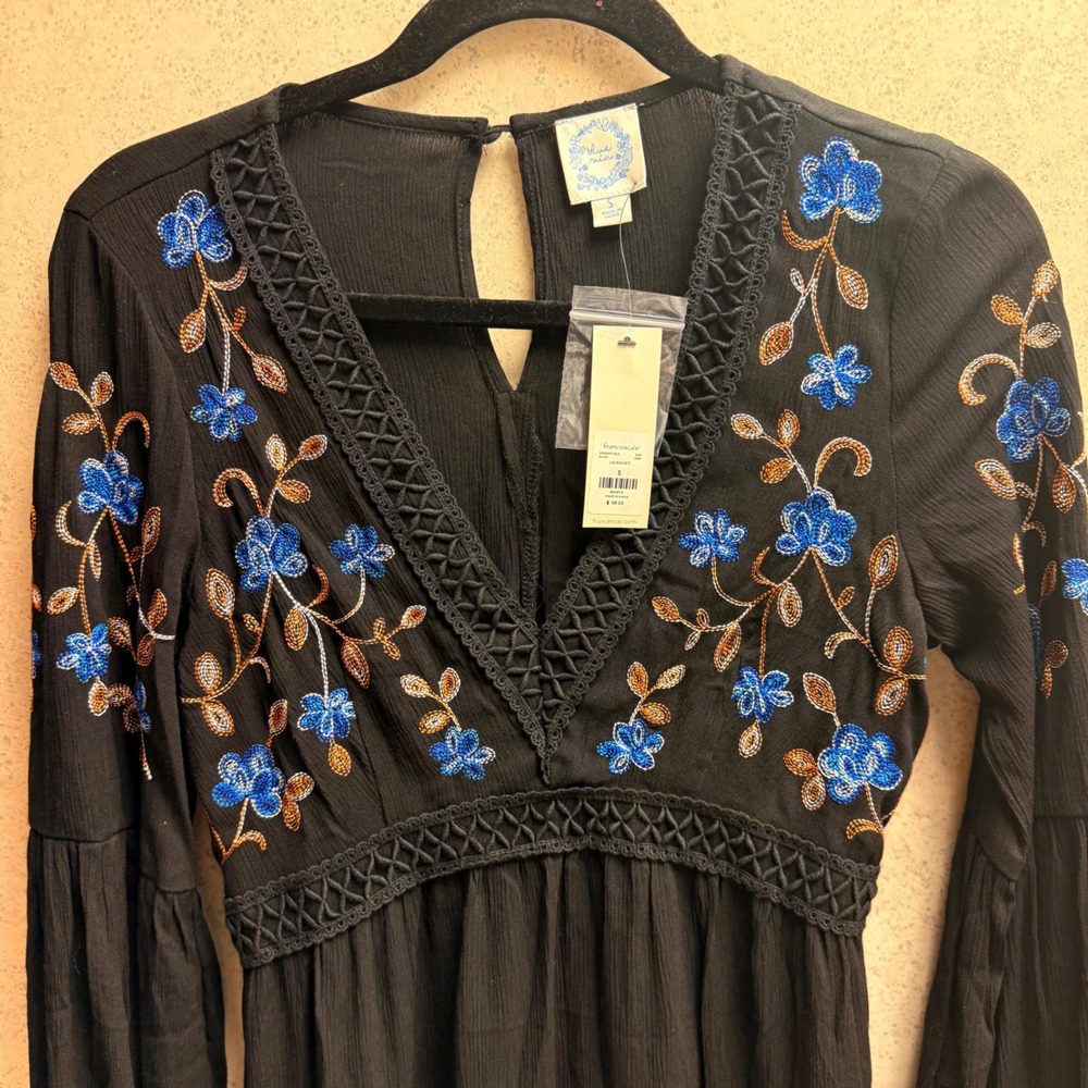 Francescas Blue Rain SM Women Black Floral Embroidered Crochet Trim Boho Dress - Picture 7 of 12